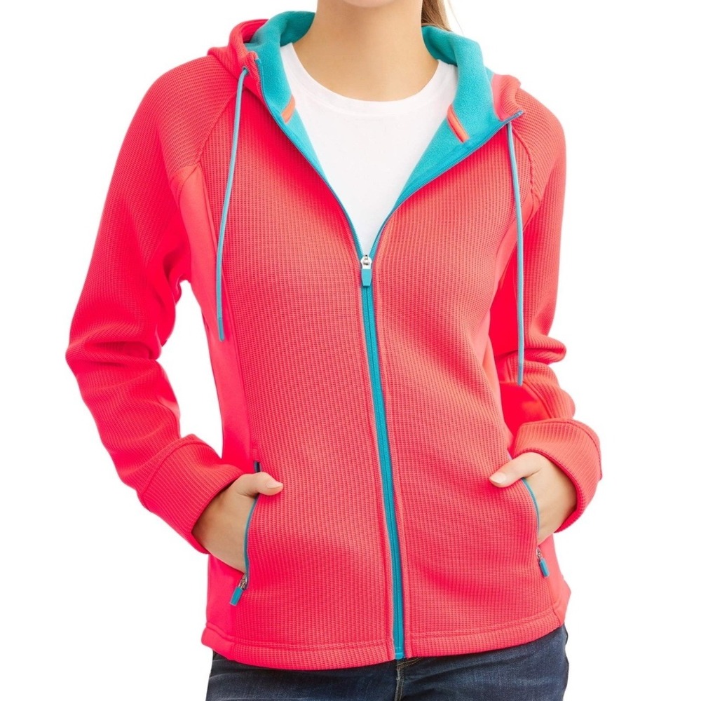 SWISS-TECH Women's Glow Orange Pink Waffle Knit Teal Fleece Lined Jacket XLโ